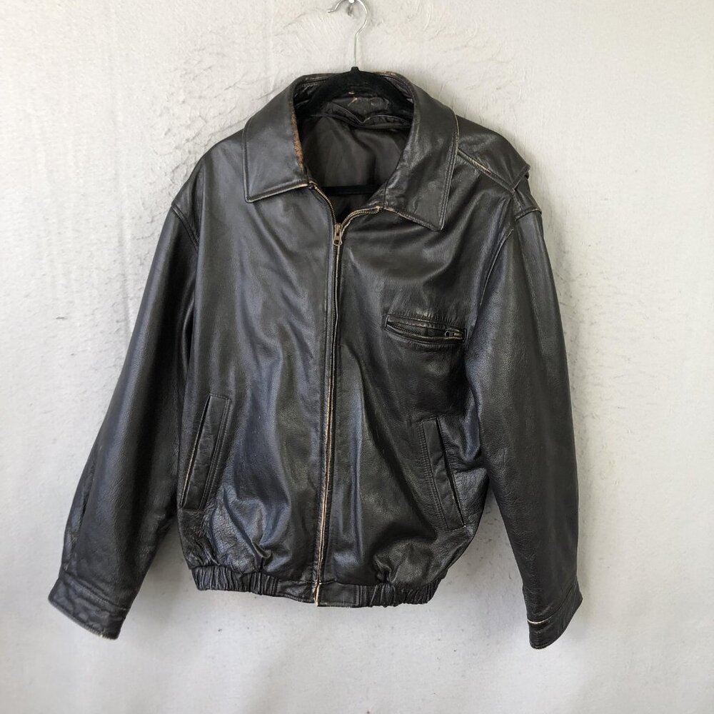 Leather Jacket Mens Large Brown Bomber Genuine Zip Rock Punk Grunge Moto Retro